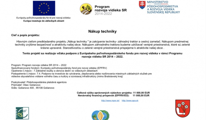 Aktuality / Program rozvoja vidieka SR 2014 – 2022 ''Nákup techniky'' - foto