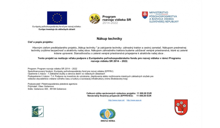 Program rozvoja vidieka SR 2014 – 2022 ''Nákup techniky''